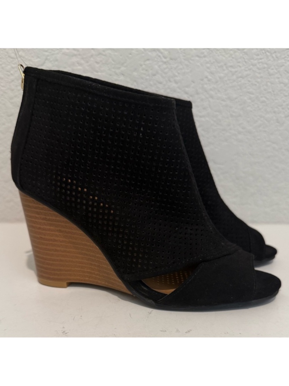 Celia Paola Black Wedge Heel Ankle Bootie Open Toe Cutouts Size 6.5